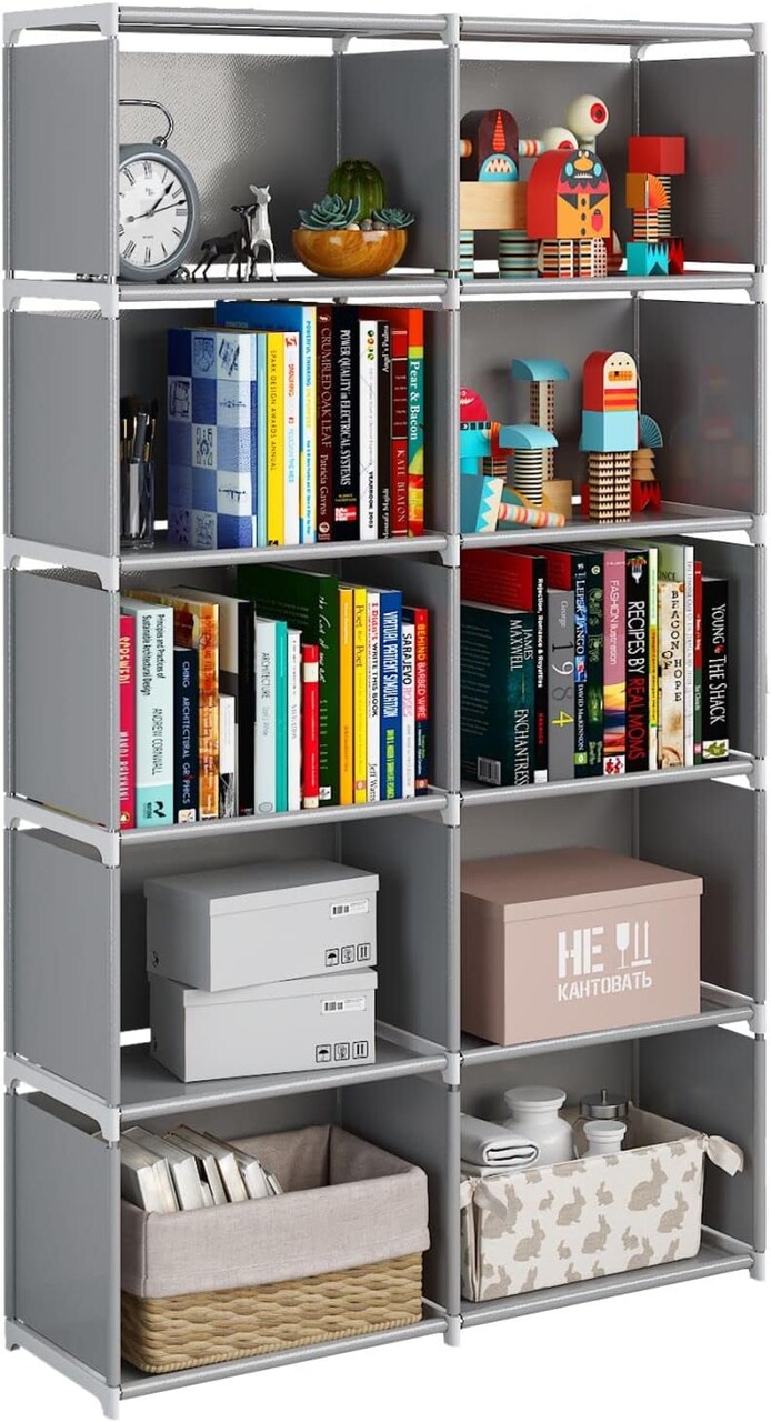 6-Tiers Portable Bookshelf with Fabric Cloth at Back 12.2"D x 61.42"W x 31.49"H